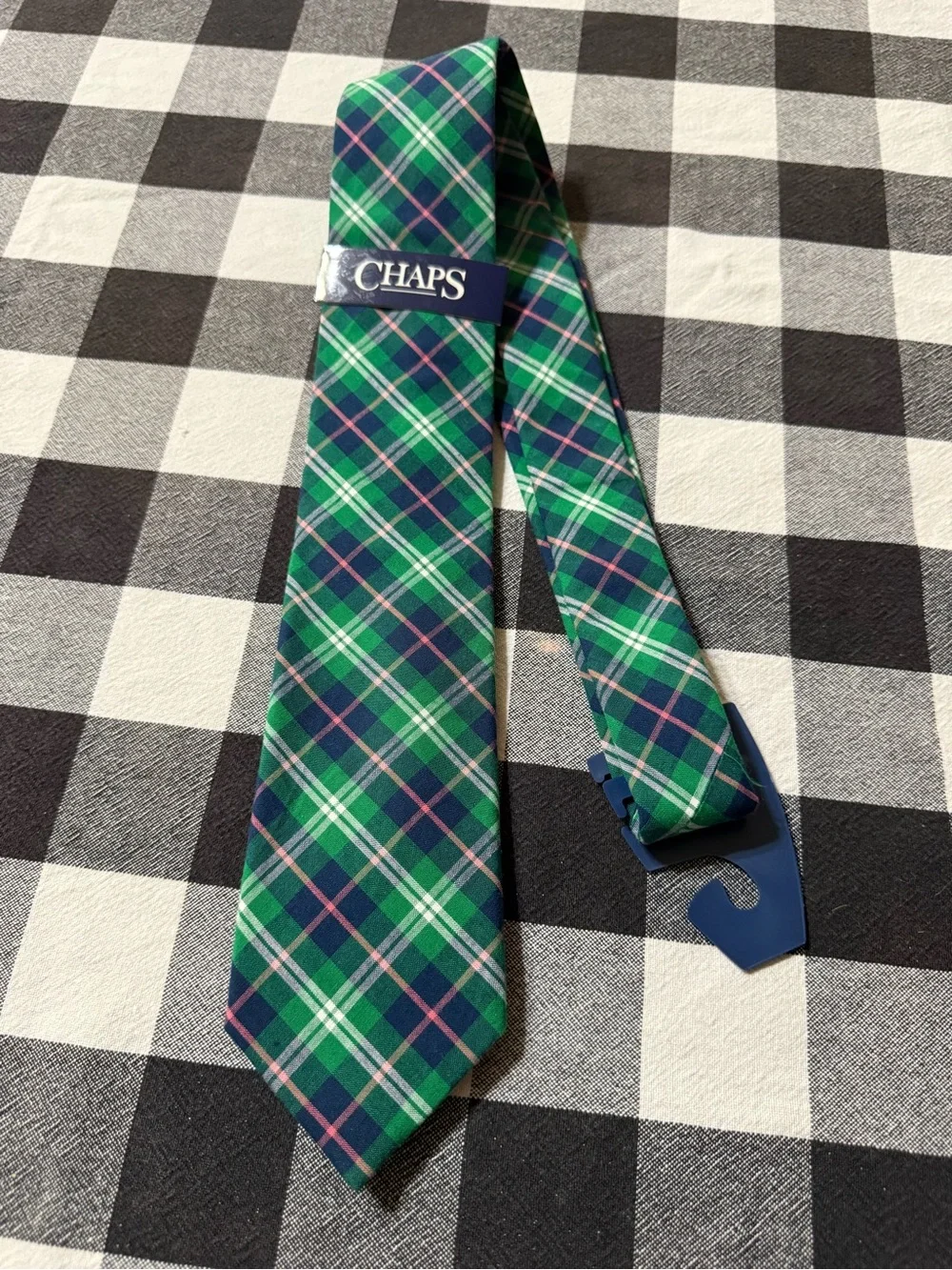 Chaps Green Plaid Tie with Navy and Pink Stripes